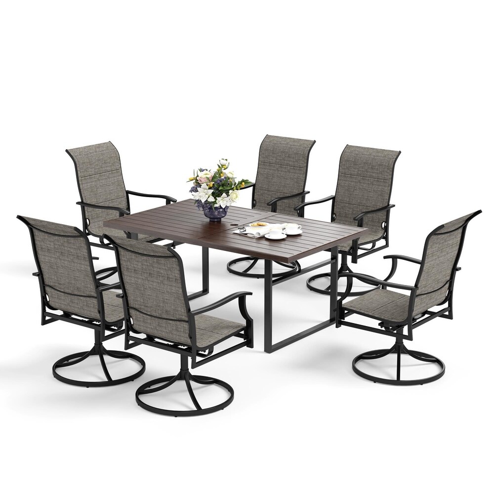 7 Piece Patio Dining Sets Wood grain Pattern U shaped leg Table   Textilene Swivel Chairs