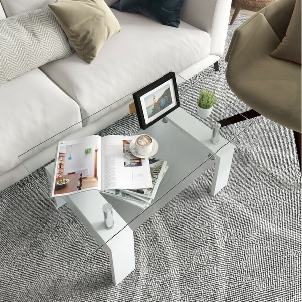 Rectangular Tempered Glass Coffee Table End Side Table with Shelf - 39