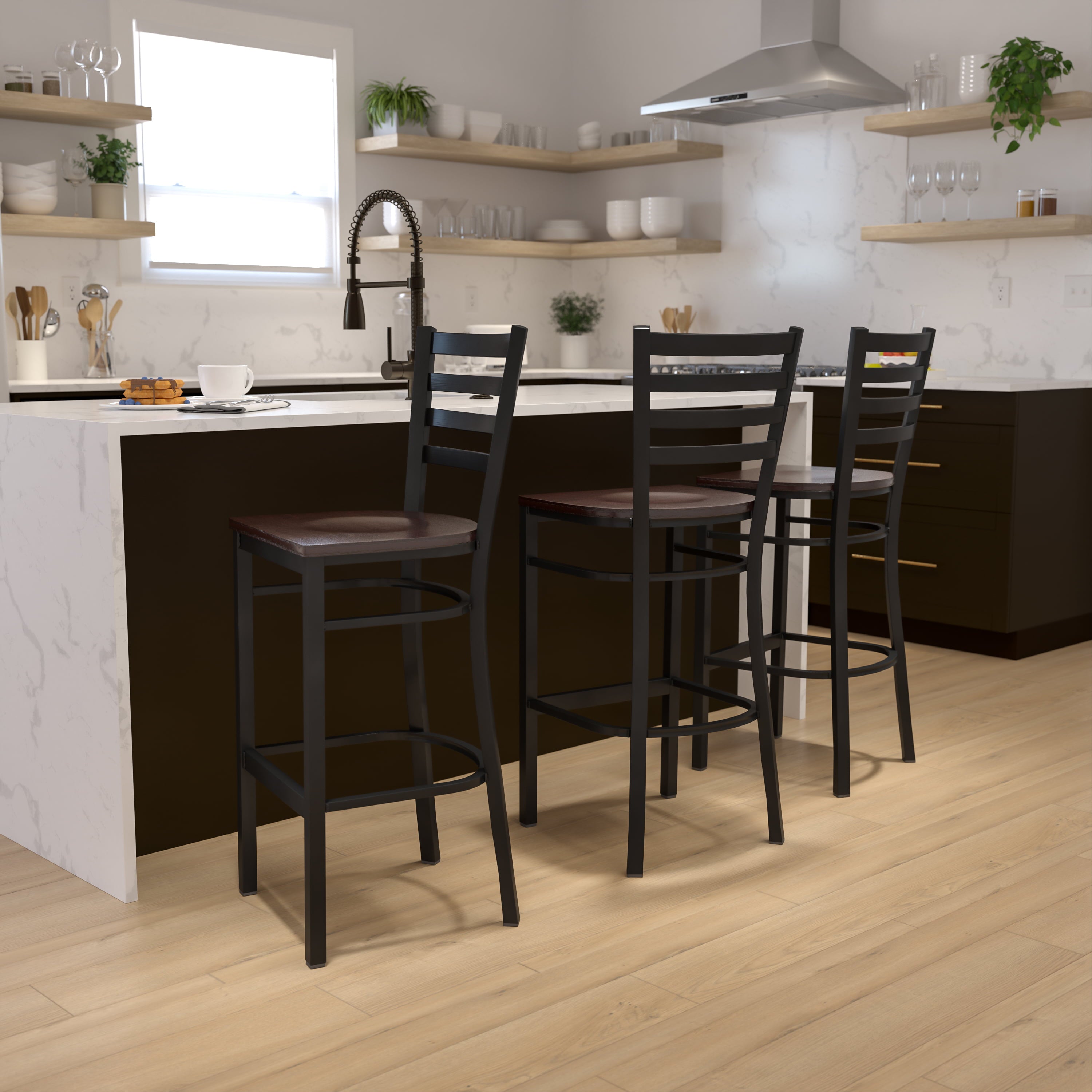 Flash Furniture HERCULES Series Black Ladder Back Metal Restaurant Barstool - Walnut Wood Seat