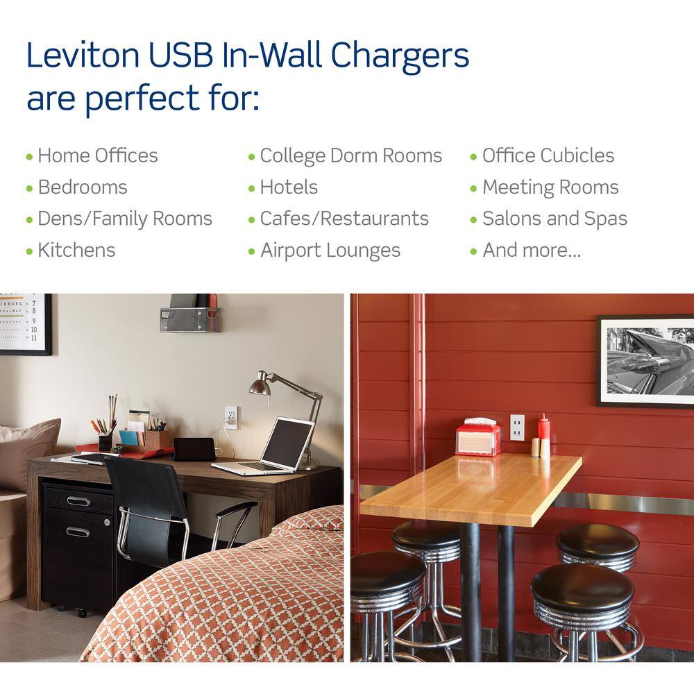 Leviton 3.6A USB Dual Type A In-Wall Charger with 15 Amp Tamper-Resistant Outlets Ivory R01-T5632-0BI