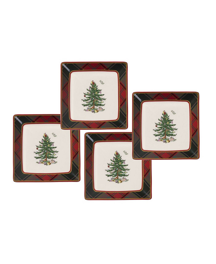 Spode Christmas Tree Tartan Square Tidbit Plates Set of 4