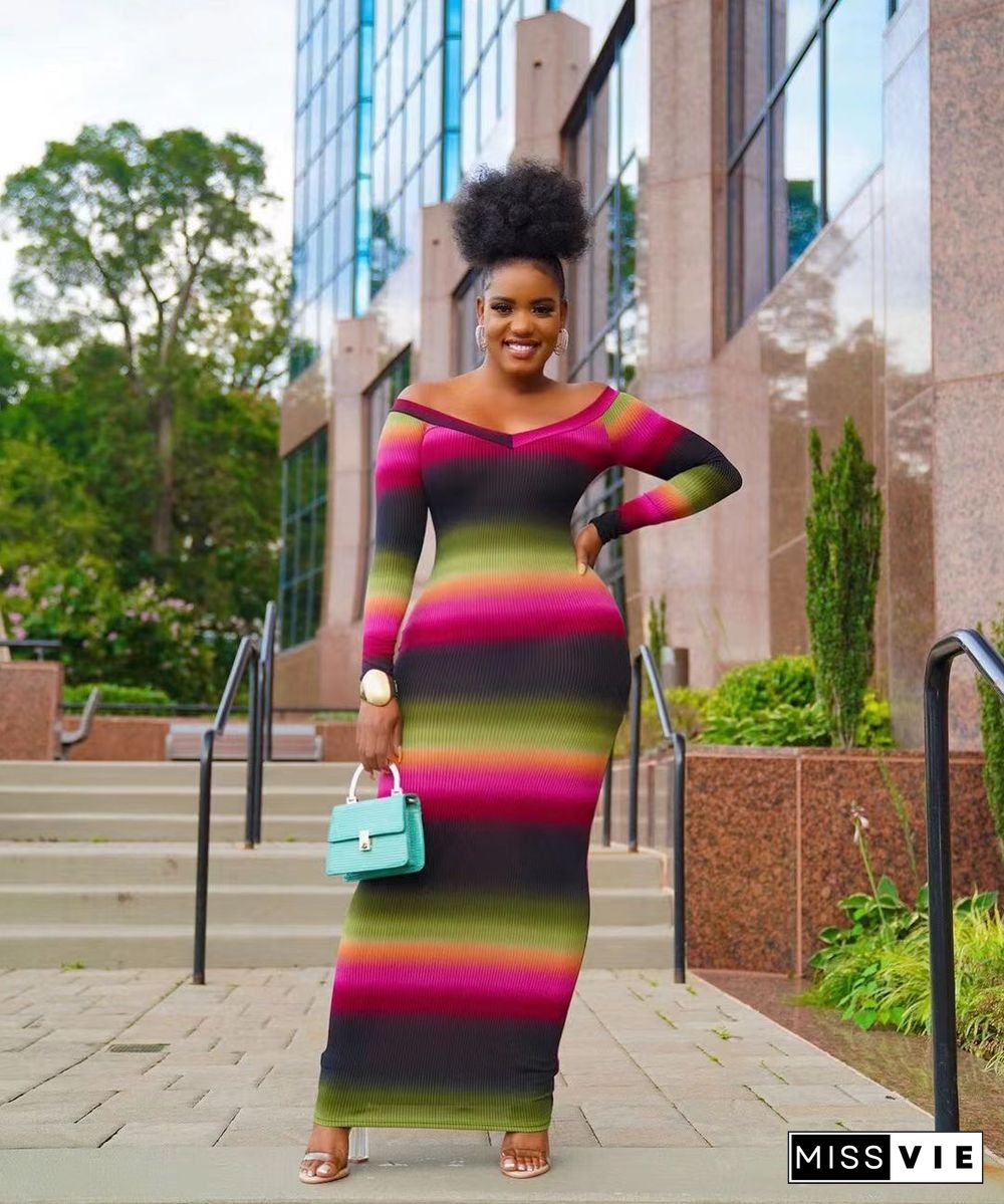 Tie Dye Gradient Striped Long Sleeve Bodycon Dresses