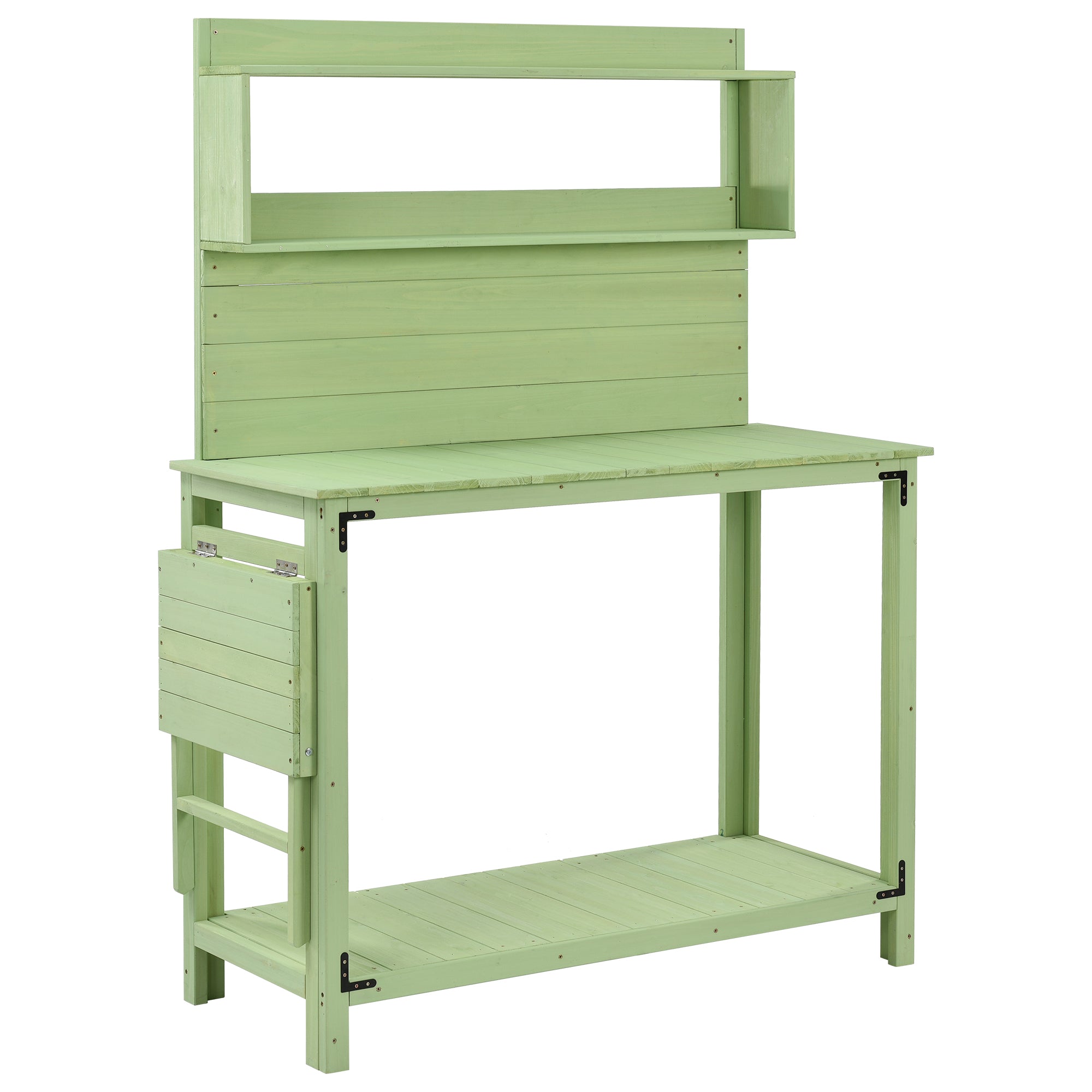 Outdoor Potting Bench Table, Garden Workstation with Shelves, Side Hook and Foldable Side Table, for Patio, Backyard, Green