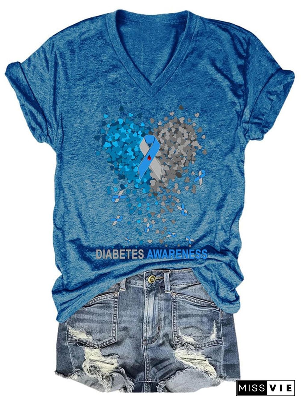 Women's Casual Diabetes Awareness Printed Short Sleeve T-Shirt