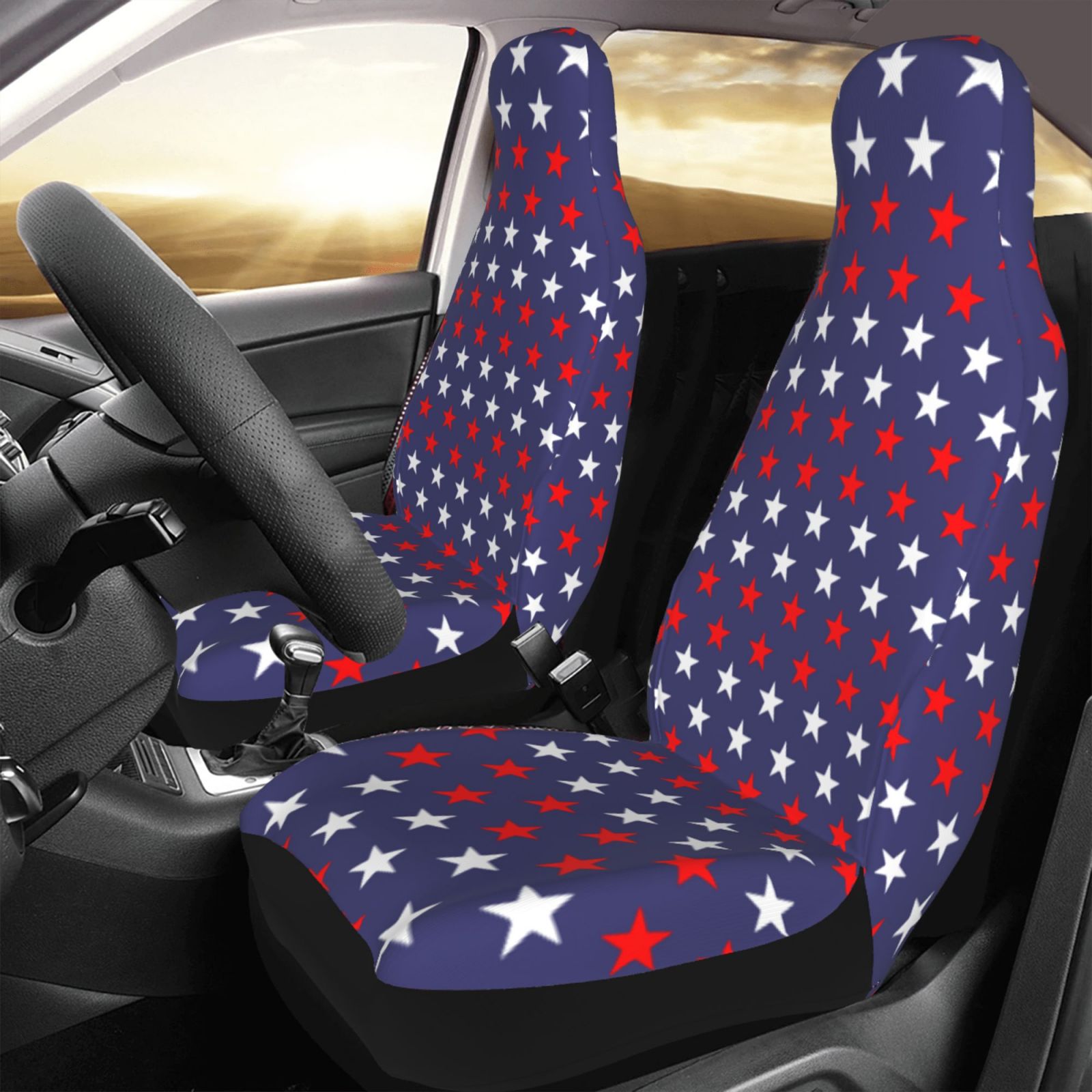 TEQUAN Front Seat Covers， Usa America Stars Pattern 2 Piece Car Seat Cover Fit Most Car SUV Truck Van