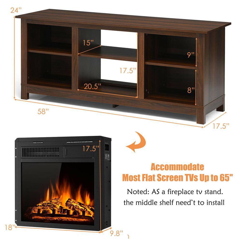 Gymax 58 in. Fireplace TV Stand with 18 in. 1500-Watt Electric Fireplace 65 in. Walnut (2-Tier) GYM06593