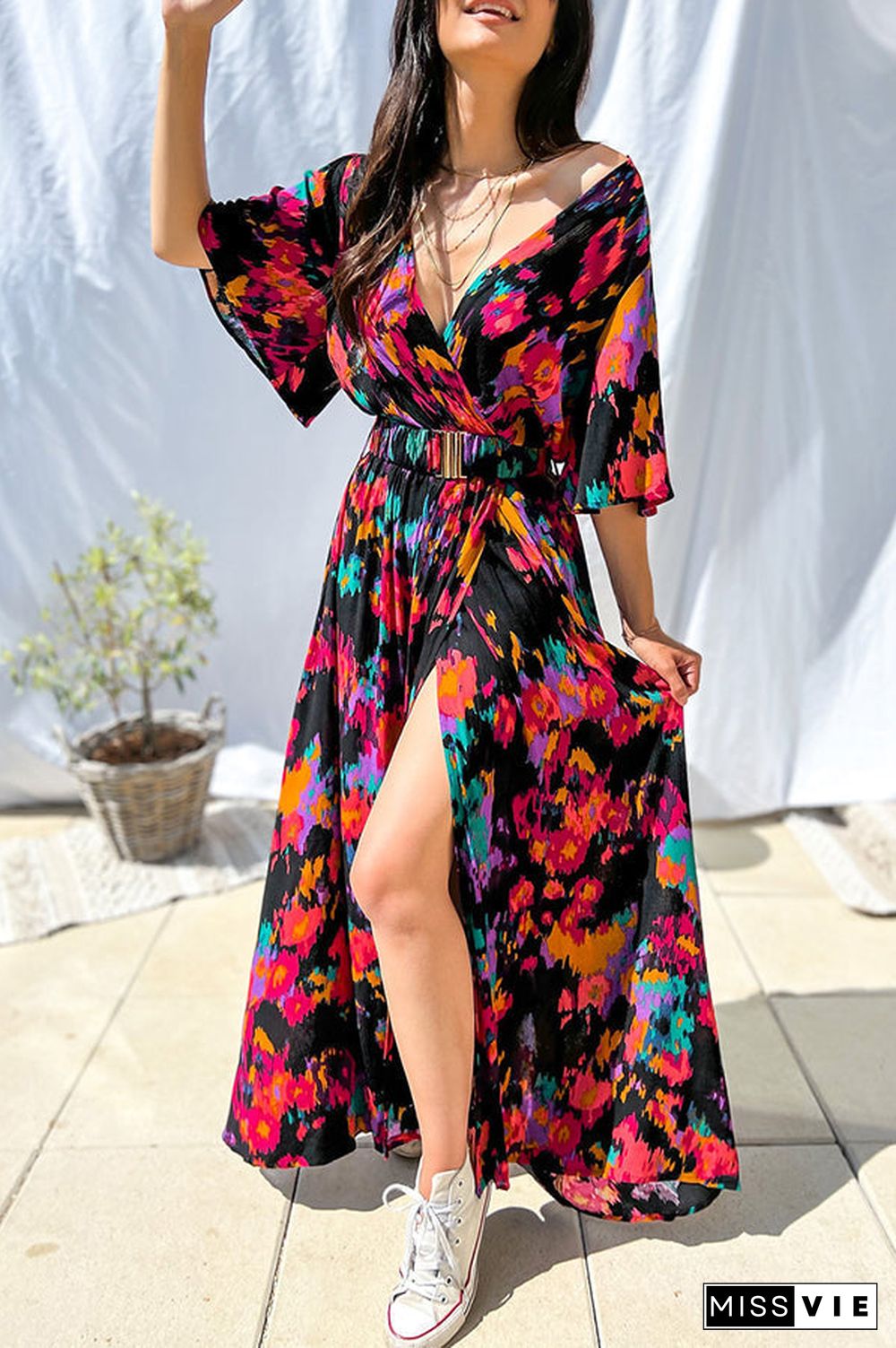 Capture Your Attention Printed Belt Maxi Dress