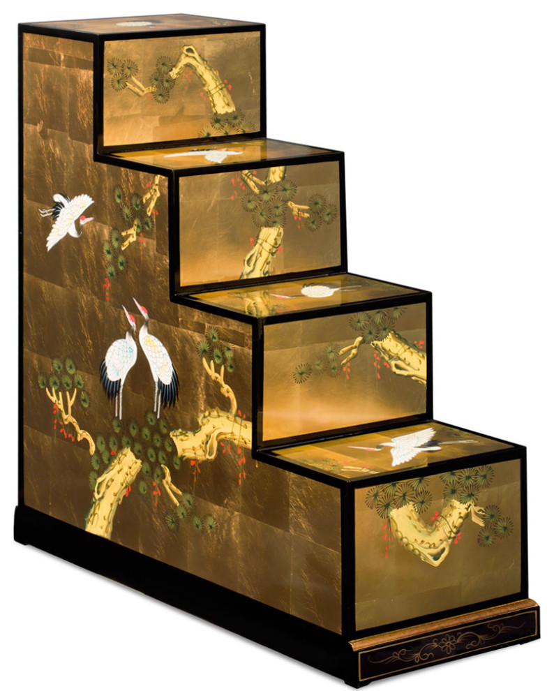 Gold Leaf Hand Painted Crane Motif Japanese Step Tansu Cabinet   Asian   Accent Chests And Cabinets   by China Furniture and Arts  Houzz