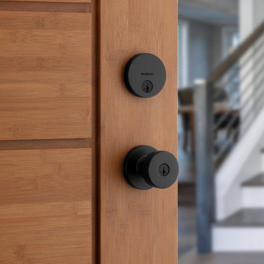 Kwikset Pismo Round Rose Matte Black Knob Door Combo Pack Featuring SmartKey Security 991PSKRDT514SMT