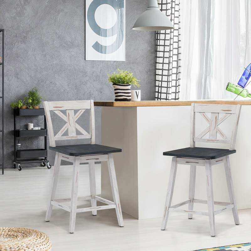 2-Pack Vintage 360° Swivel Bar Stools, Rubber Wood Counter Height Chairs with Non-Slip Foot Pads