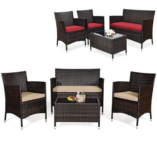 Costway 4PCS Rattan Patio Furniture Set Cushioned Sofa Chair Coffee