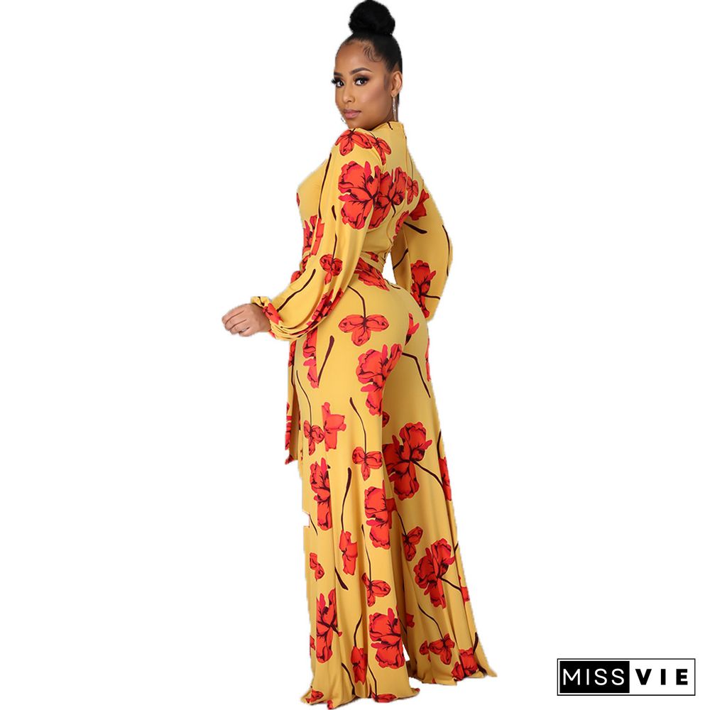 Fashion Digital Printing Spring Autumn O-Neck Long Sleeve Belted One Piece Wide Leg Jumpsuit