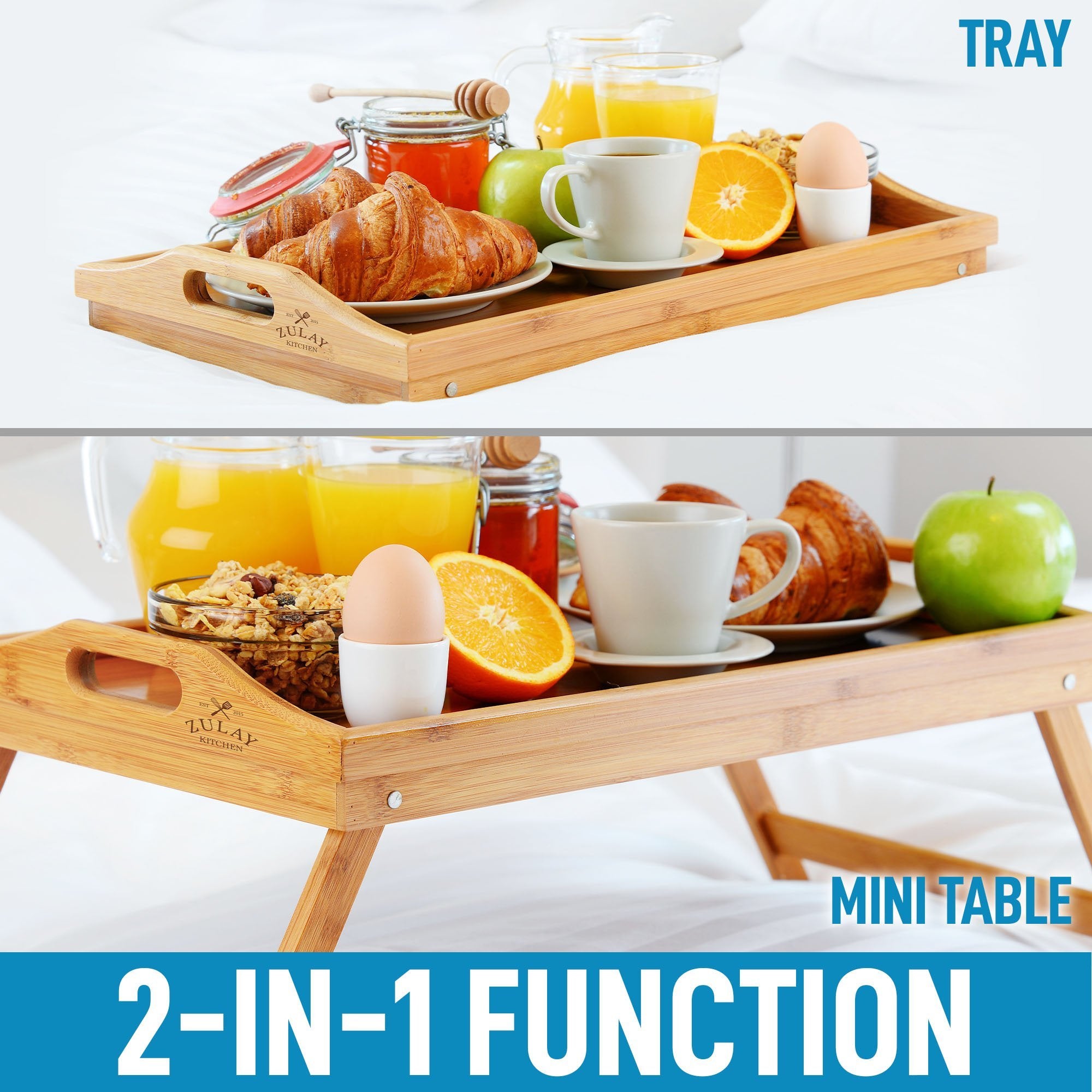 Zulay Kitchen Bamboo Bed Tray Table with Folding Legs and Handles