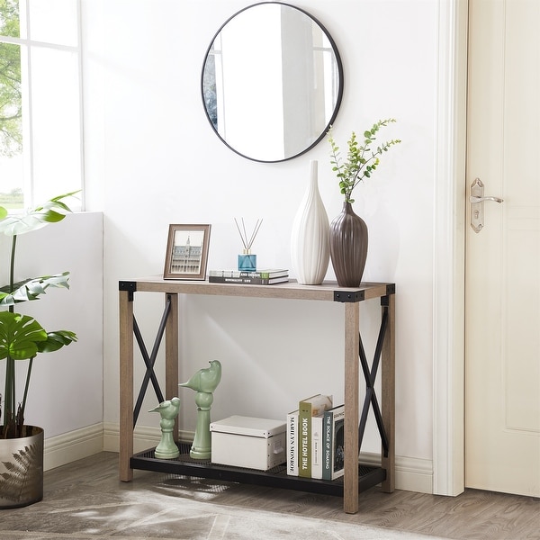 Farmhouse Entry Table， Industrial Sofa Table with 2 Tier Console Table