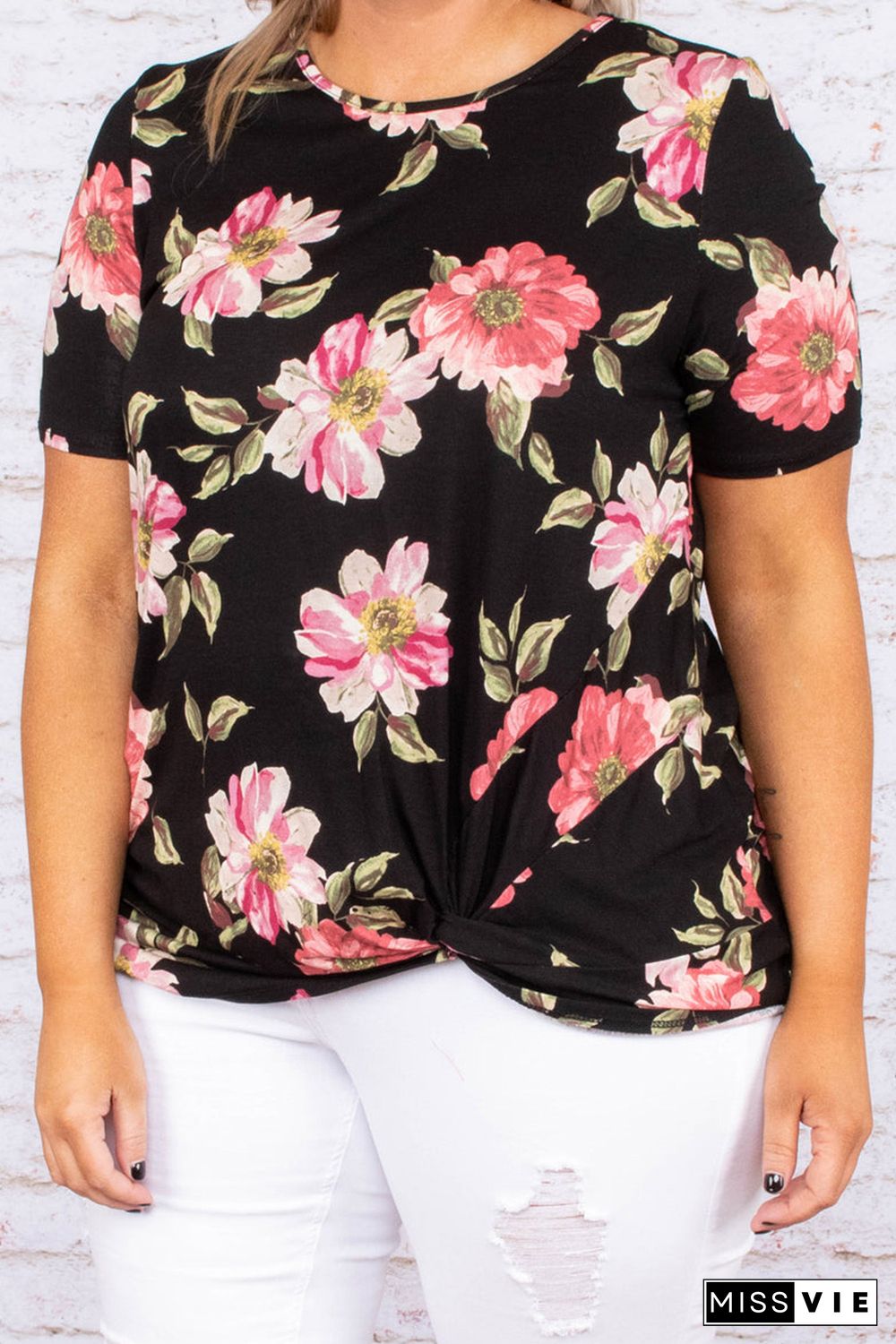 Black Plus Size Floral Print Twist Knot Top