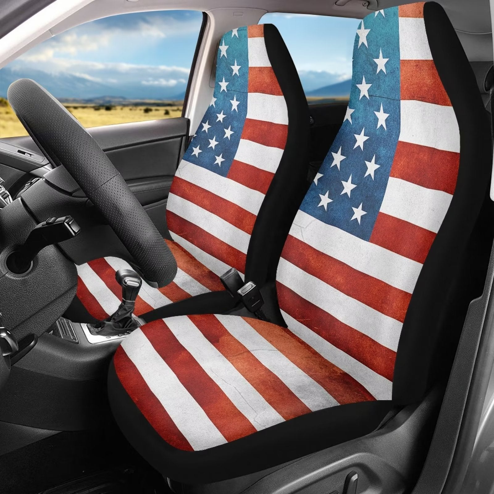 FKELYI American Flag Car Seat Covers Front Only，Full Set Universal Car Interior Cushion Protectors for Cars SUV Trucks Front Seat Backrest Covers for Women Men，Independence Day