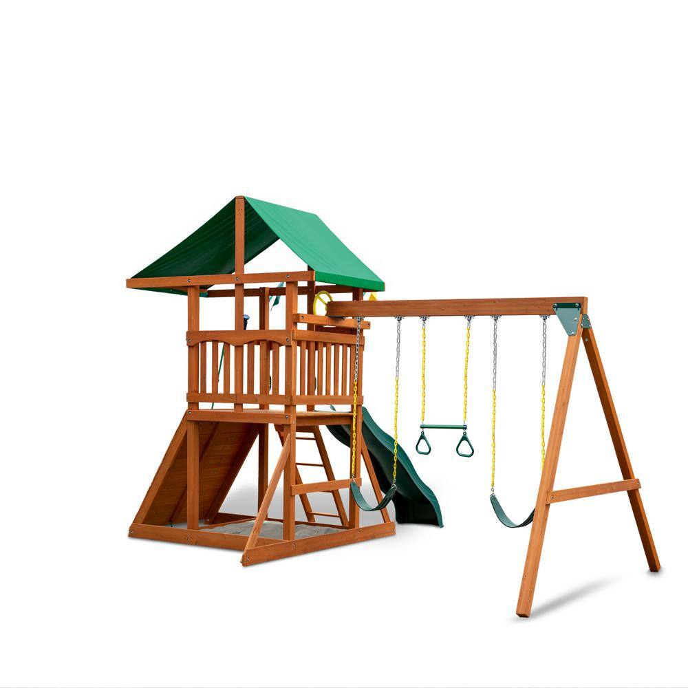 Gorilla Playsets DYI Outing III Wooden Outdoor Playset with Tarp Roof Rock Wall Wave Slide Swings and Backyard Swing Set Accessories 01-0001