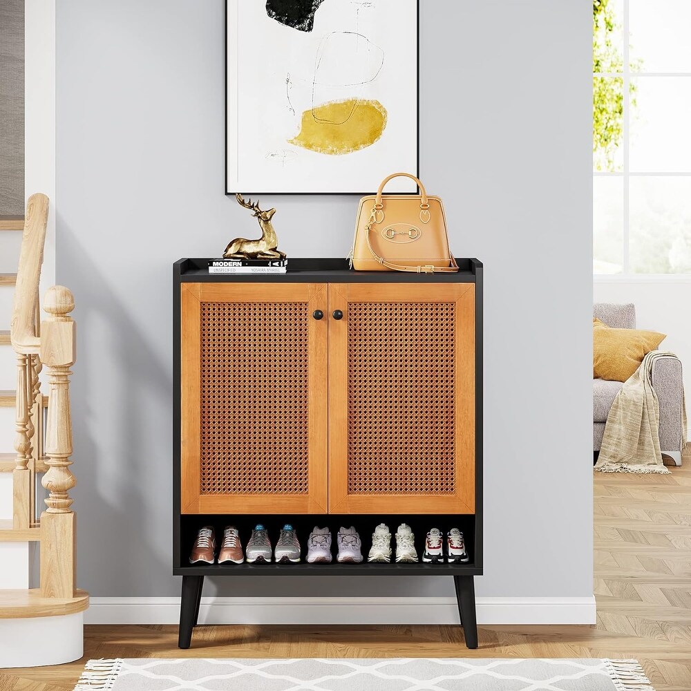 Shoes Cabinet Storage with Door  Rattan Shoe for Entryway