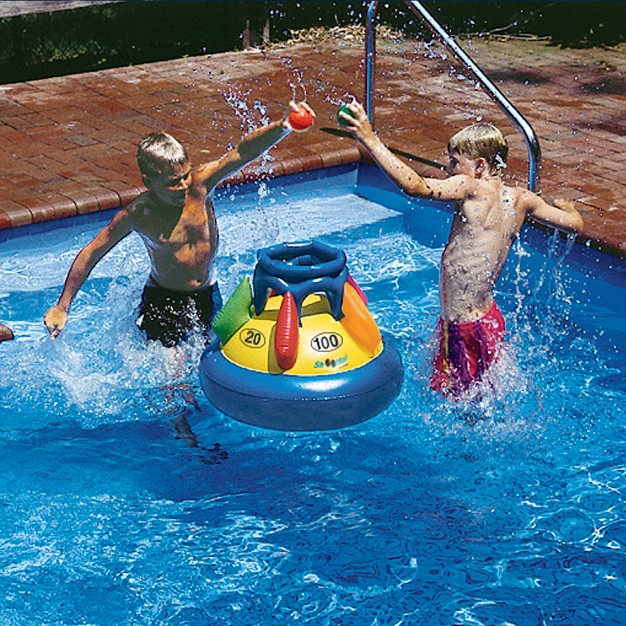 Inflatable Multi port Shootball Floating Pool Game With Three Balls Blue yellow