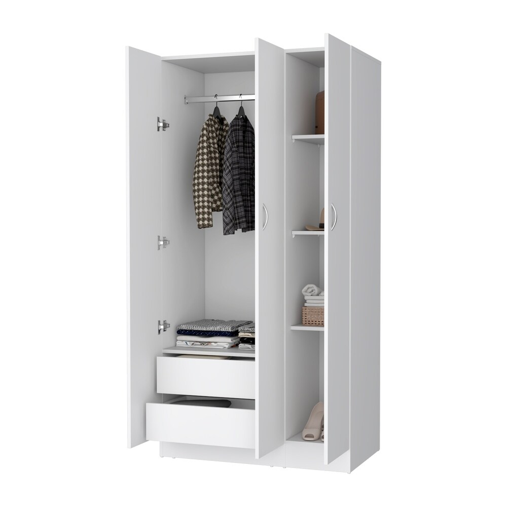 Declan White 3 Door Wardrobe Cabinet Armoire with Storage Shelves and Hanging Rod