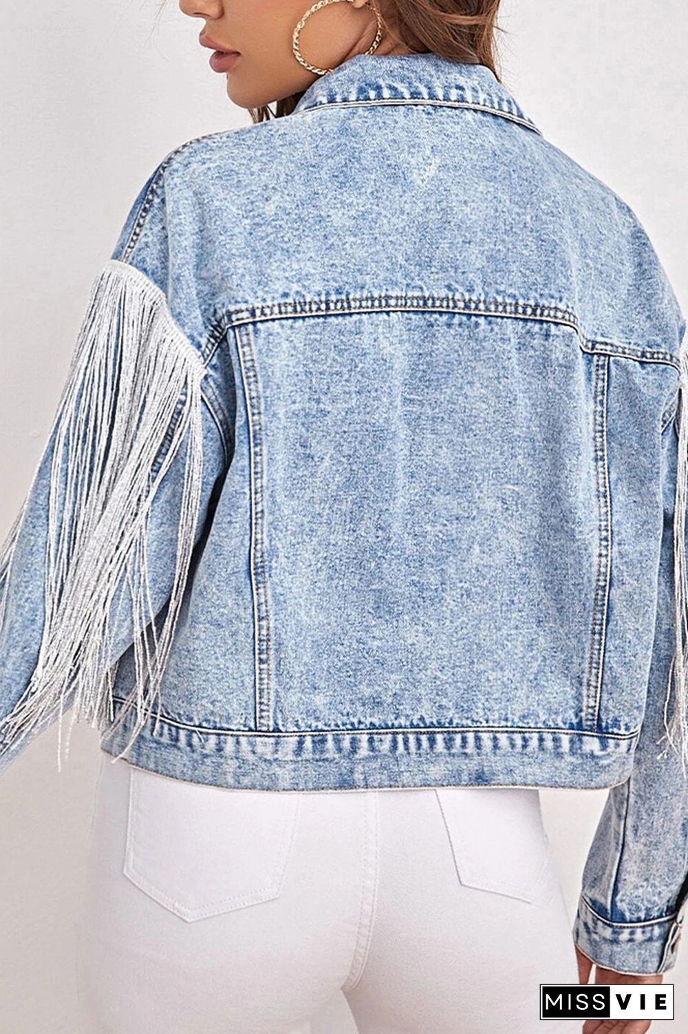 Light Blue Tassle Distressed Denim Jacket Coat