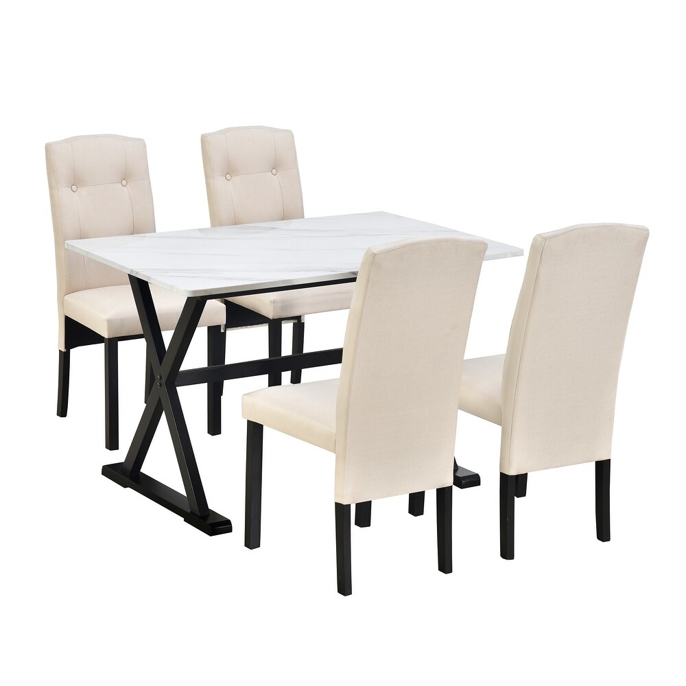 Mid Century 5 Piece Wood Dining Table Set with Marble Tabletop and Ergonomic Upholstered Dining Chairs  for Dining Room