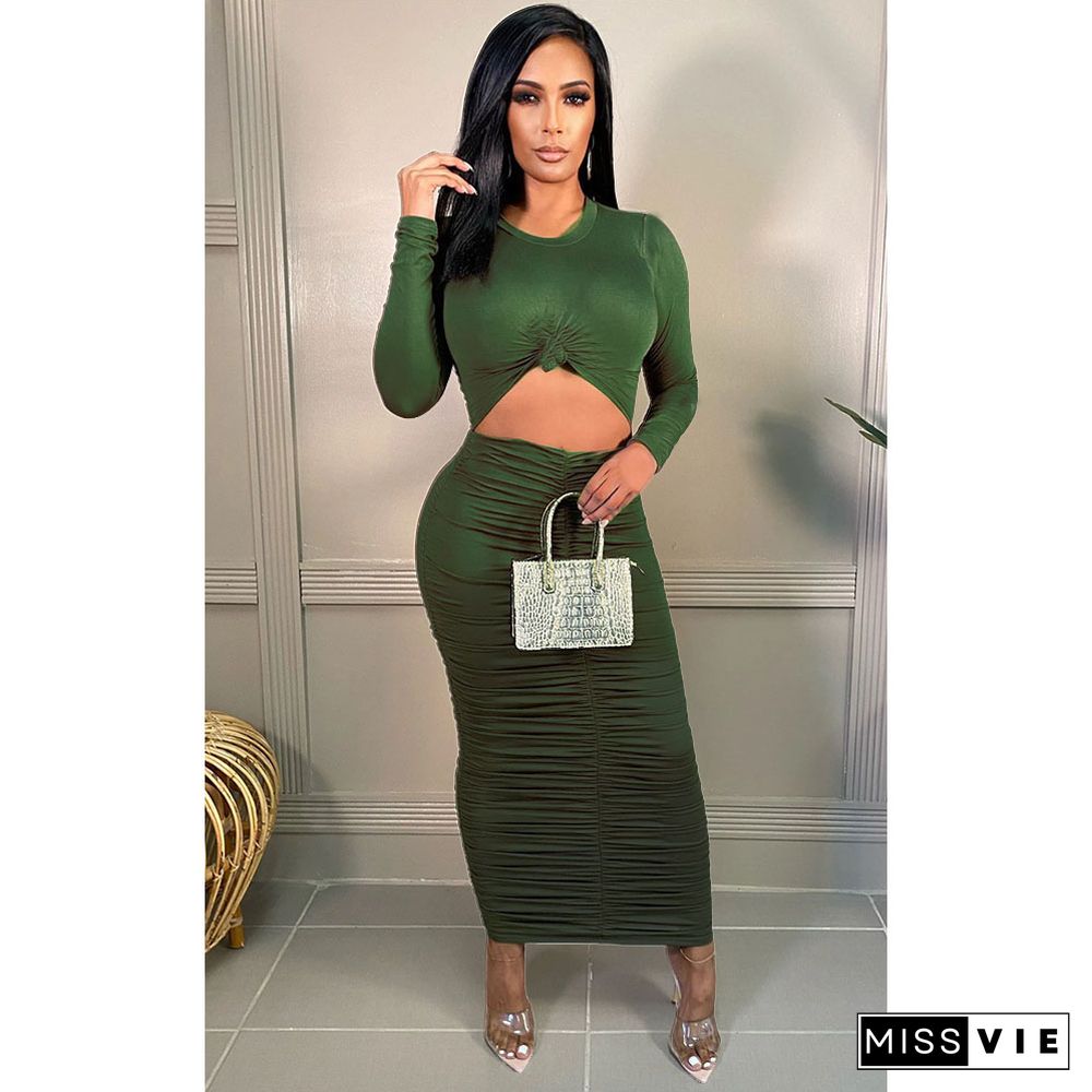 Long Sleeve Round Neck Pleated Bodycon Dress