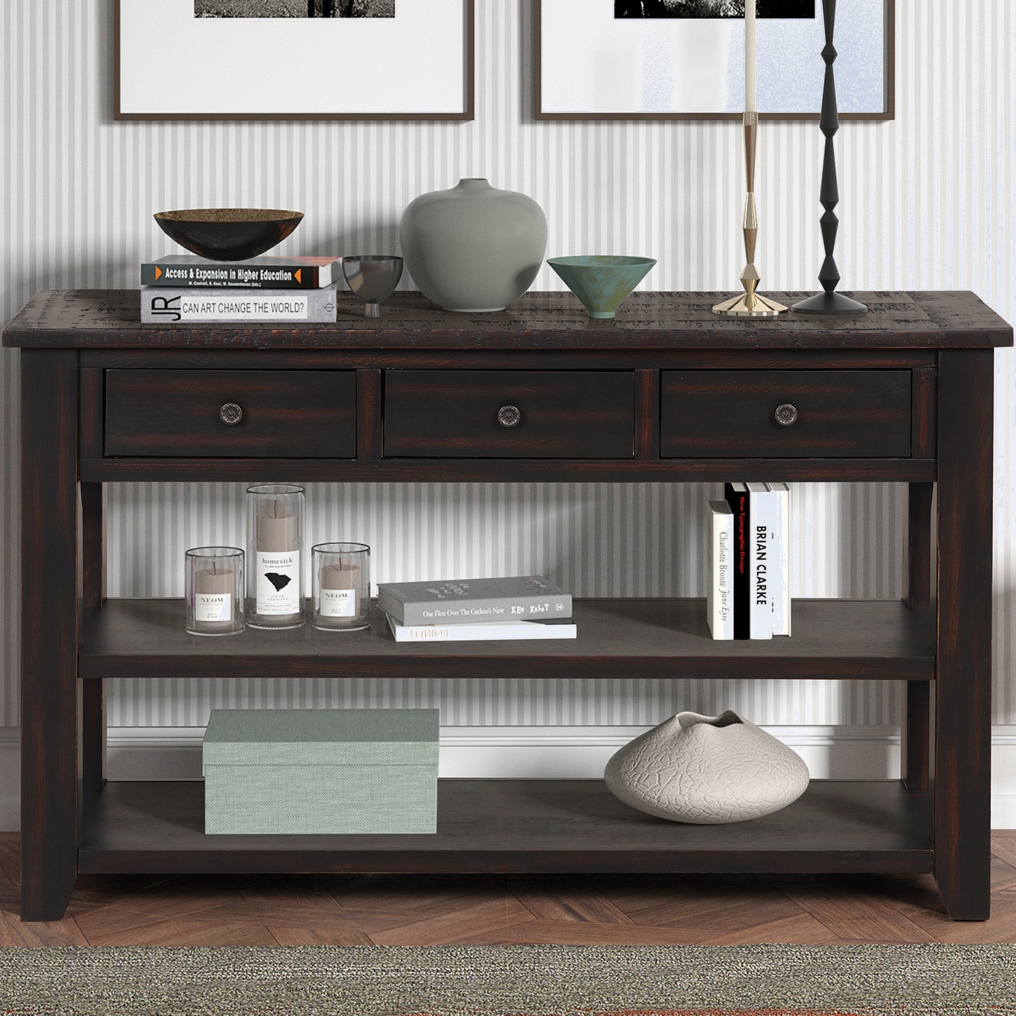 Modern Solid Pine Wood Top Console Table with Drawers and Shelves