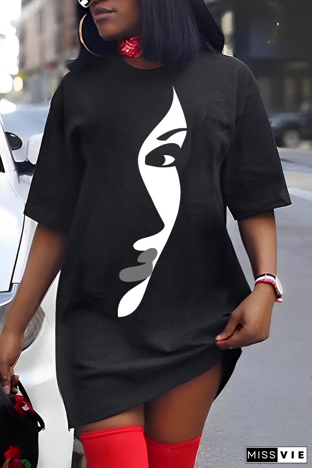 Casual Print Basic O Neck T-shirt Dress Short Sleeve Dress