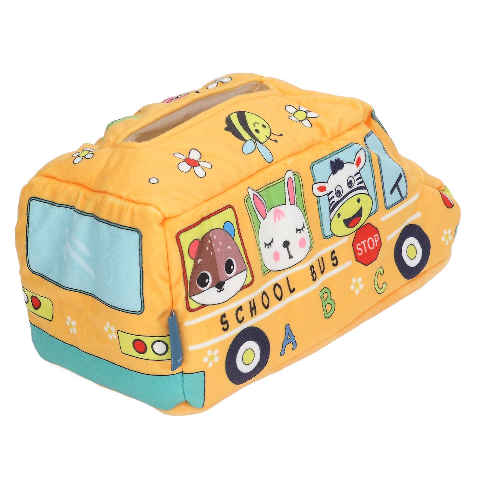 Baby Tissue Box School Bus Shape Educational Interesting Plush Material  Sensory Toy for Infants