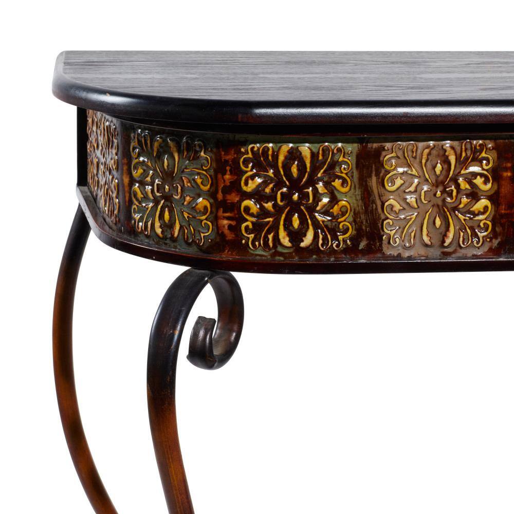 Litton Lane 43 in. Brown Extra Large Rectangle Metal Embossed 1 Shelf Floral Console Table with Ornate Scroll Legs 74362