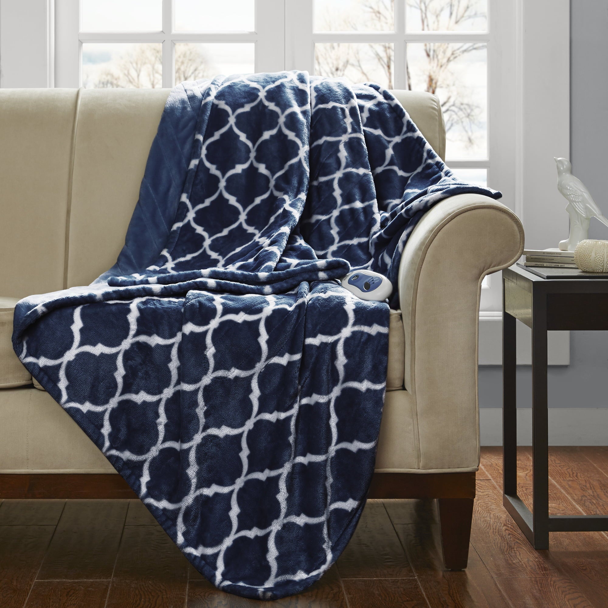 Beautyrest Heated Ogee Oversized 60x70 Electric Throw Blanket， Indigo， 2 HR Auto Shutoff