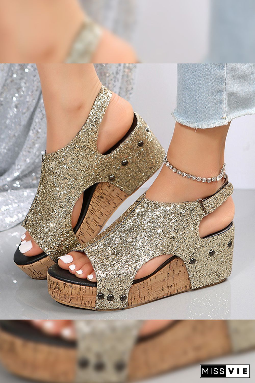 Bling Glitter Rivet Wedge Sandals