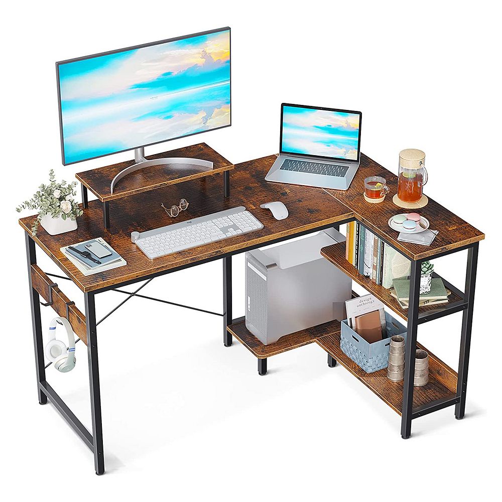 ODK 47 In Compact L Shaped Desk w/ Storage Shelves and Monitor Stand， Rustic Brown