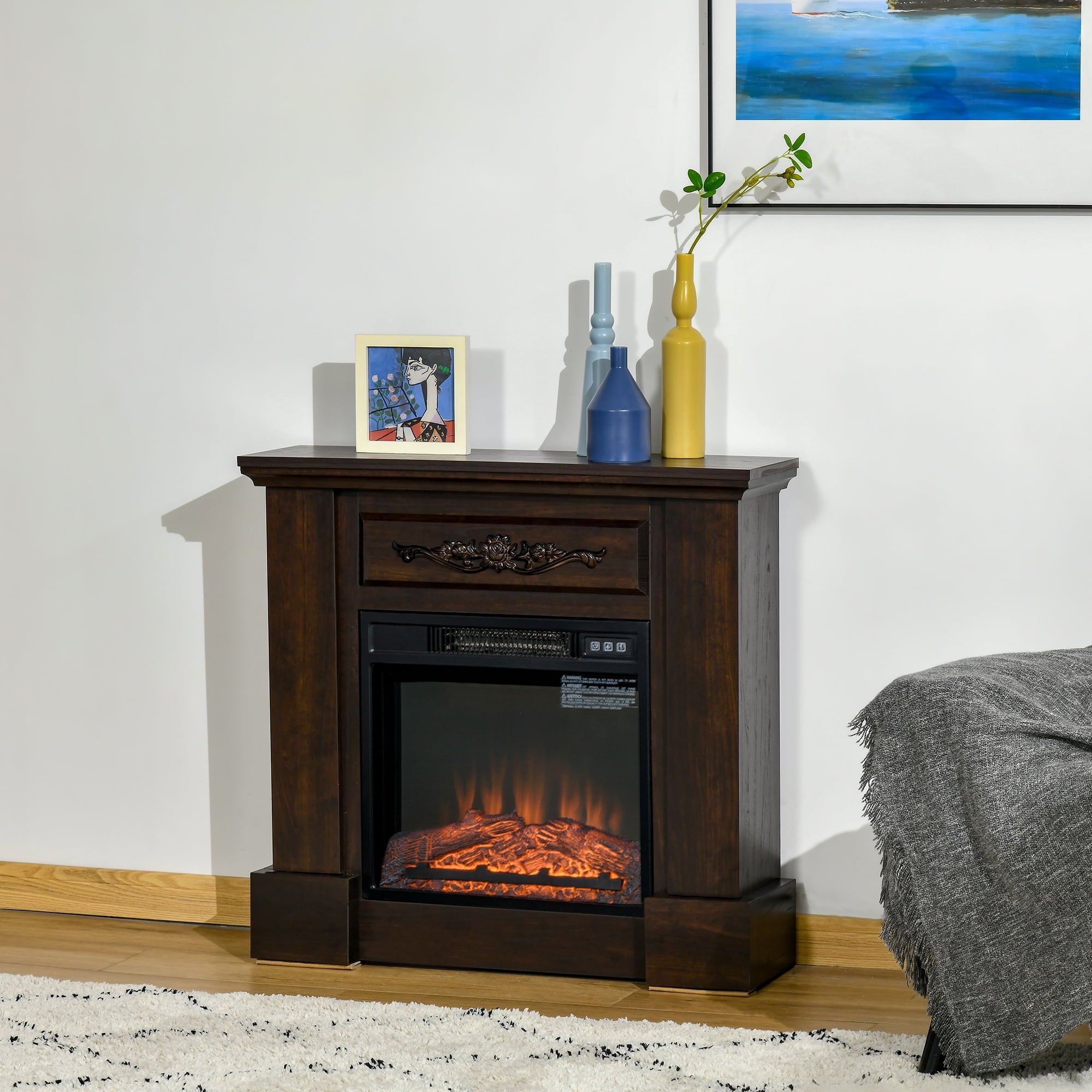 HOMCOM 32" 1400W Electric Fireplace Mantel w/ Realistic LED Log Heater, Brown