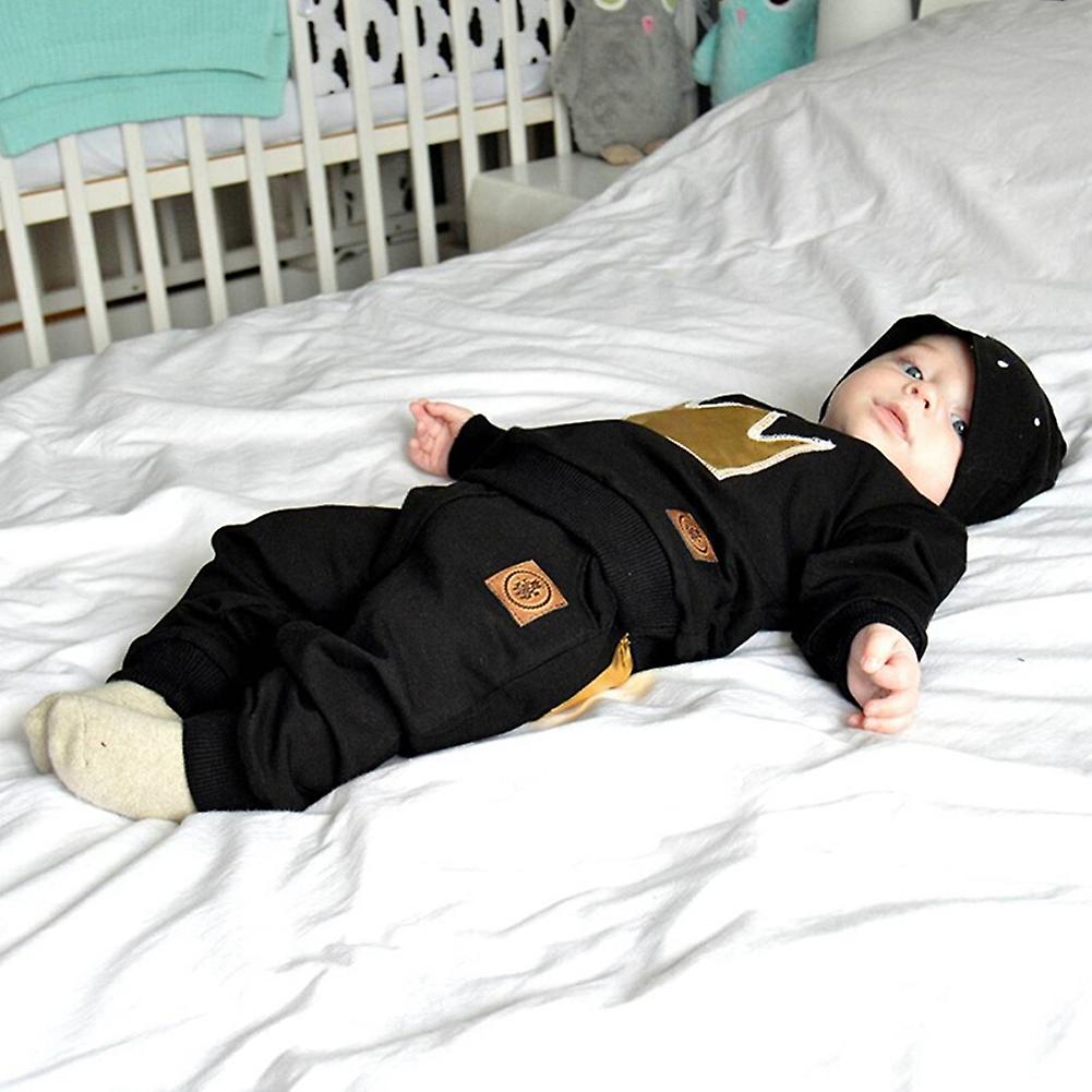 Baby Boys Girls Clothing Set Soft Cotton Autumn Long Sleeve Tops Pants 2 Pieces Baby Sport Suit Crown Embroidery Black 90cm