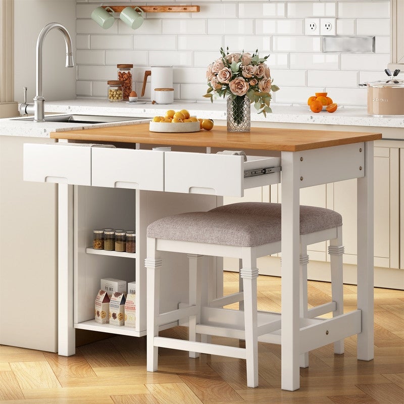 Farmhouse Kitchen Island set， including 2 stools and dining table with lockers， drawers and fallen leaves