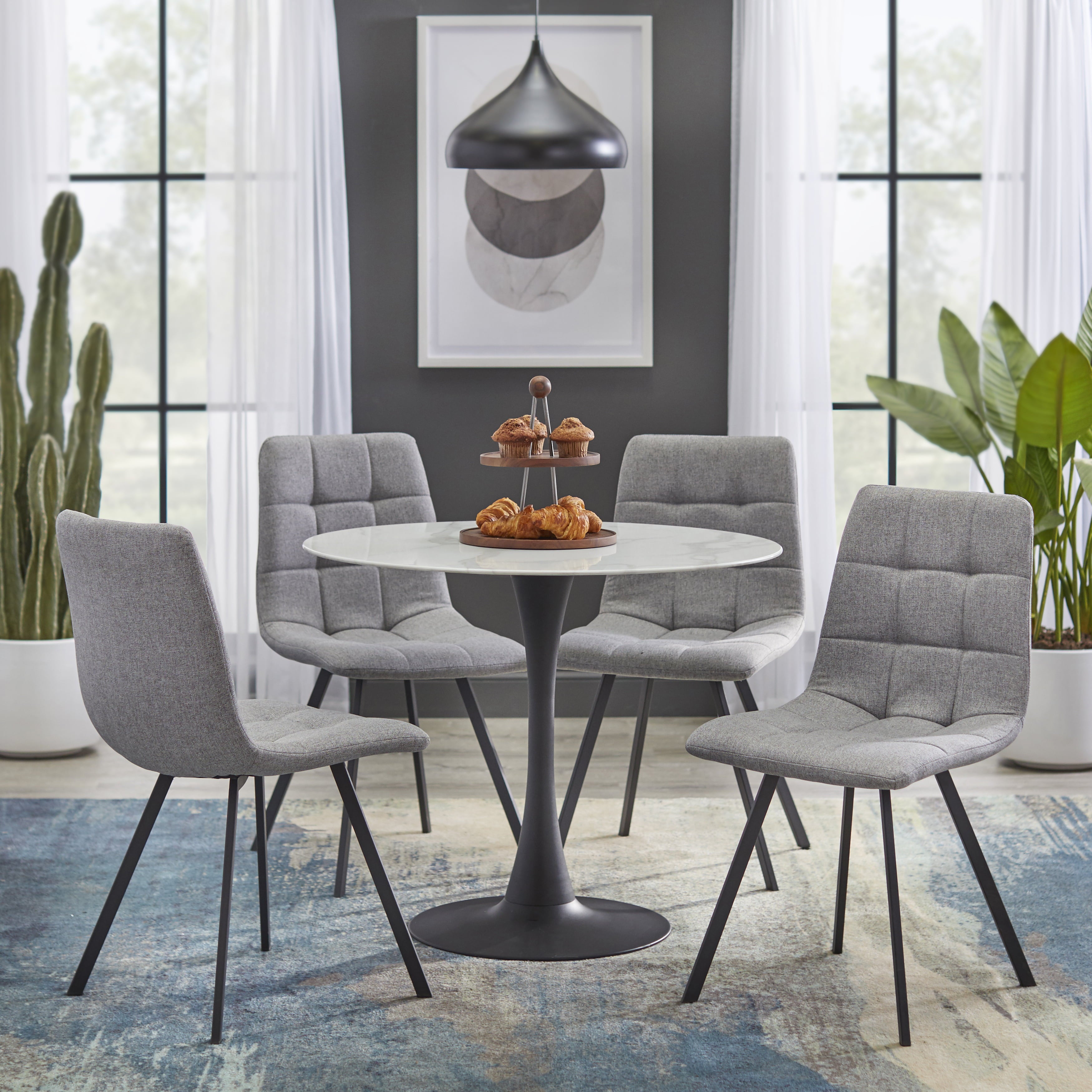 TMS Rho 5-piece Round Pedestal Dining Set, White, Black and Gray