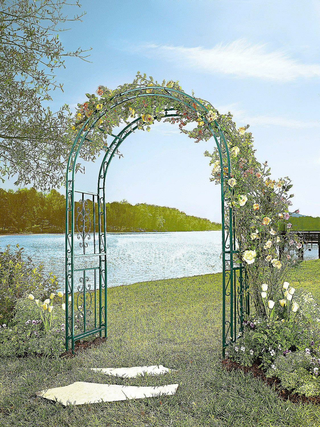 Evergreen Montebello Iron Garden Arbor, Forest Green- 53 x 84 x 23 Inches Fade and Weather Resistant Outdoor Decor