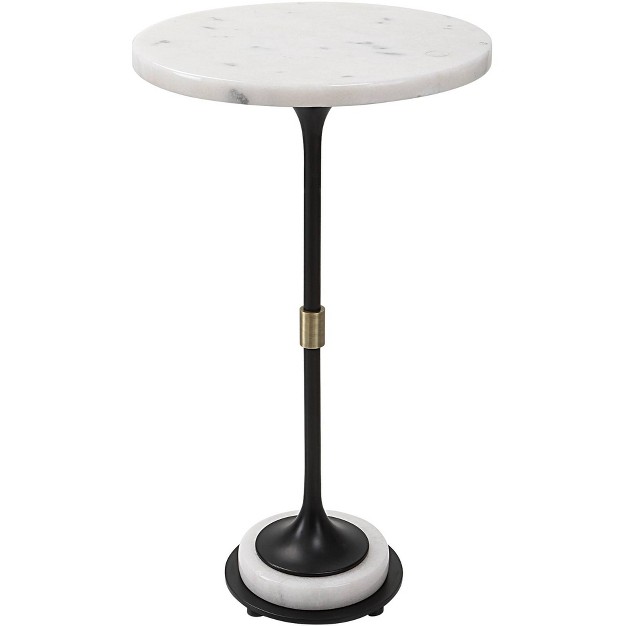 Wide White Marble Black Iron Round Accent Table