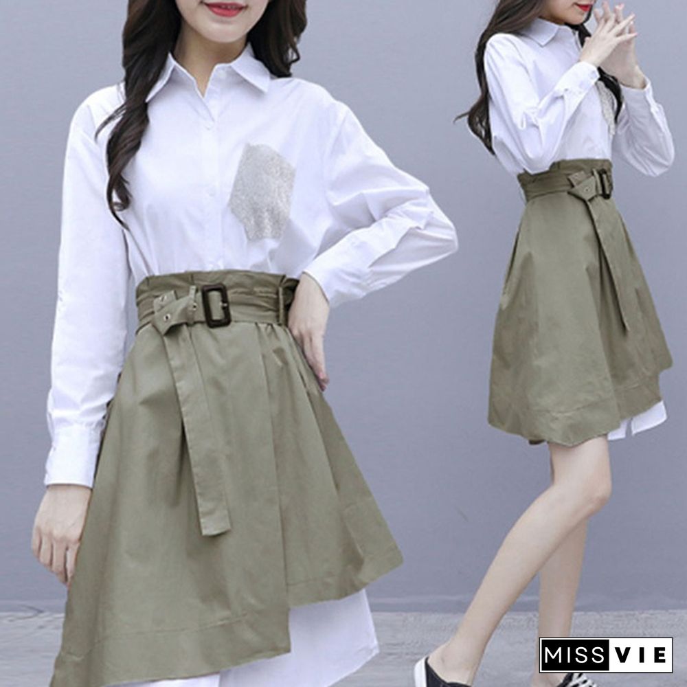 White Shirts Long Sleeve Dress Set Turn Down Collar Blouse + Irregular Skirt Women Fashion Outfits Office 2 Piece Set