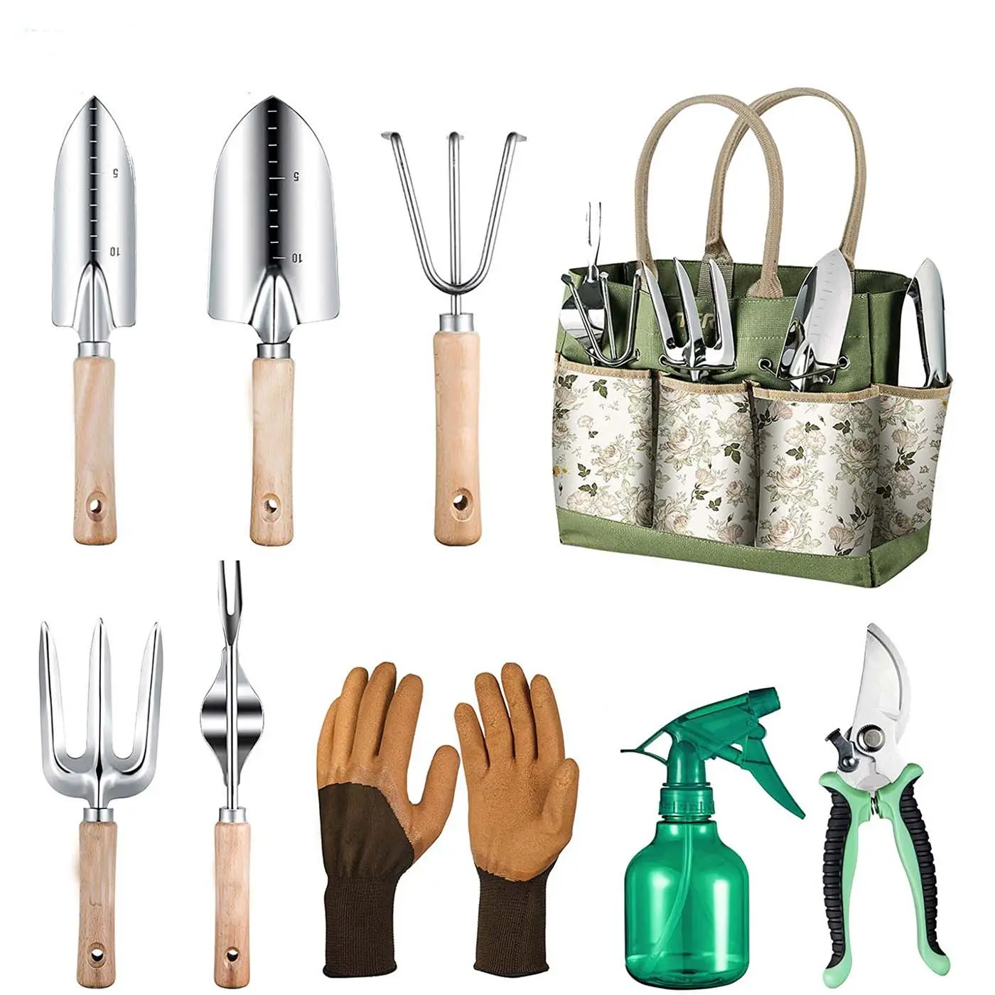 Customized Amazon Hot Wood Handle Stainless Steel Garden Tool Set Gardening Gardening Flower Kettle Weeding Tools For Woman Man