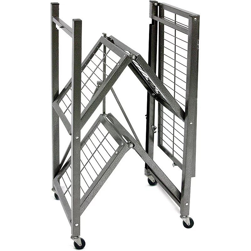 Origami R3 General Purpose Foldable 3-Tiered Shelf Storage Rack and Wheels， Pewter