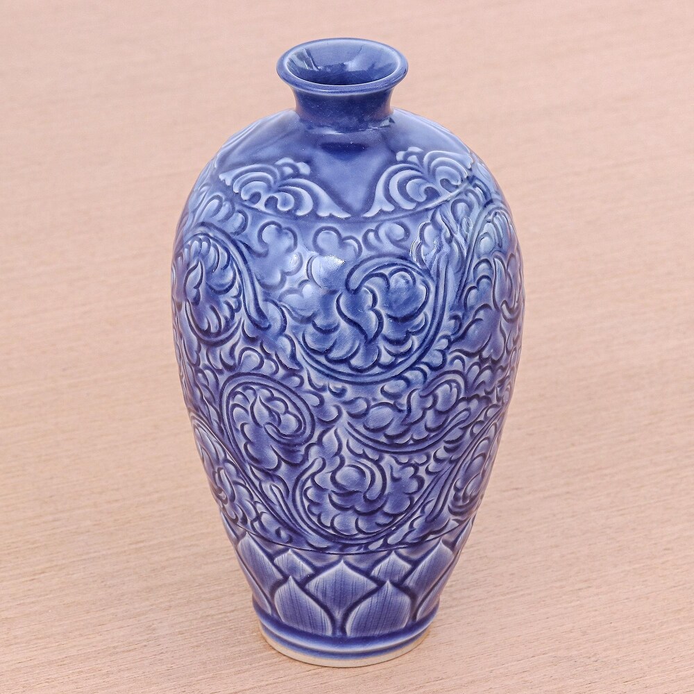 Novica Handmade Blue Flora Ceramic Vase