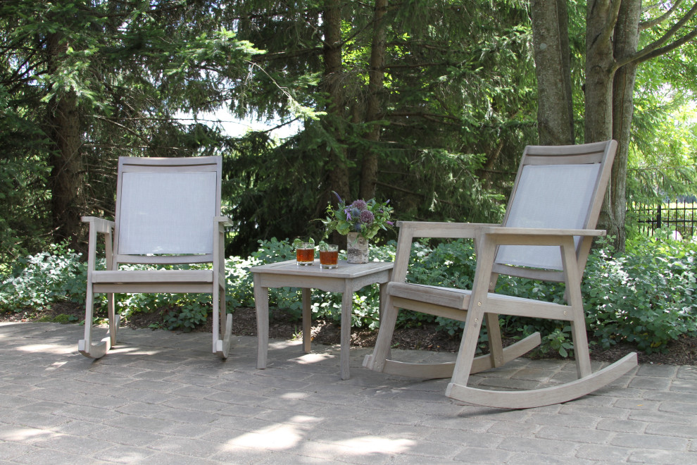 3 Piece Gray Wash Eucalyptus and Sling Rocking Chair Set With Accent Table   Farmhouse   Outdoor Lounge Sets   by Outdoor Interiors  Houzz