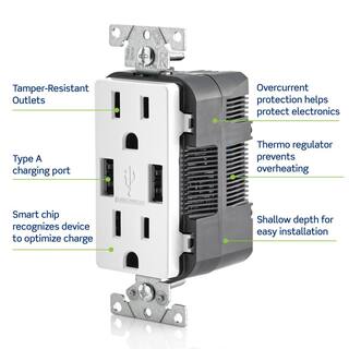 Leviton 3.6A USB Dual Type A In-Wall Charger with 15 Amp Tamper-Resistant Outlets White R02-T5632-0BW