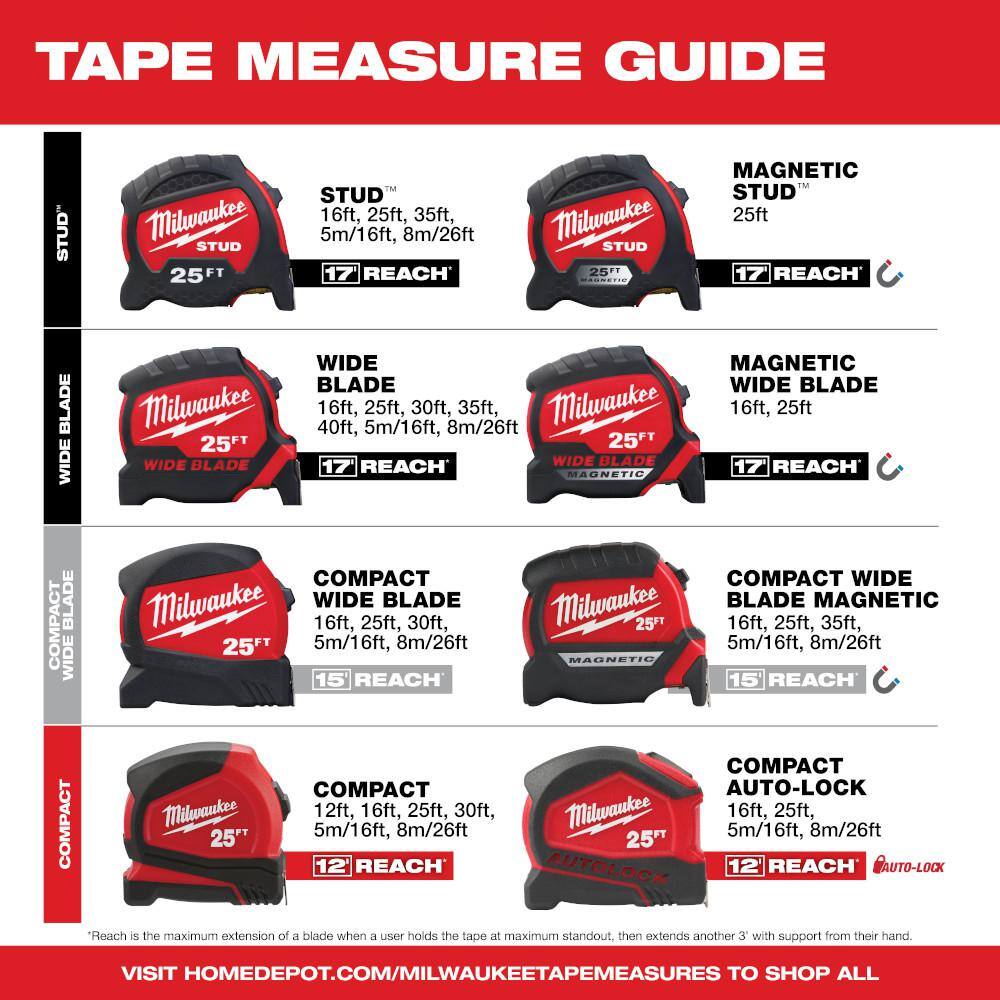 MW Compact 16 ft. SAE Tape Measure with Fractional Scale and 8 ft. Standout 48-22-6616