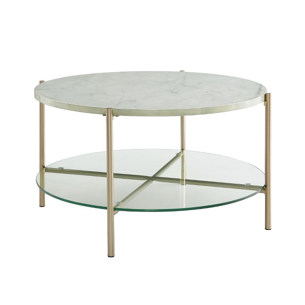 Modern Glam Faux Marble Round Coffee Table White gold Saracina Home