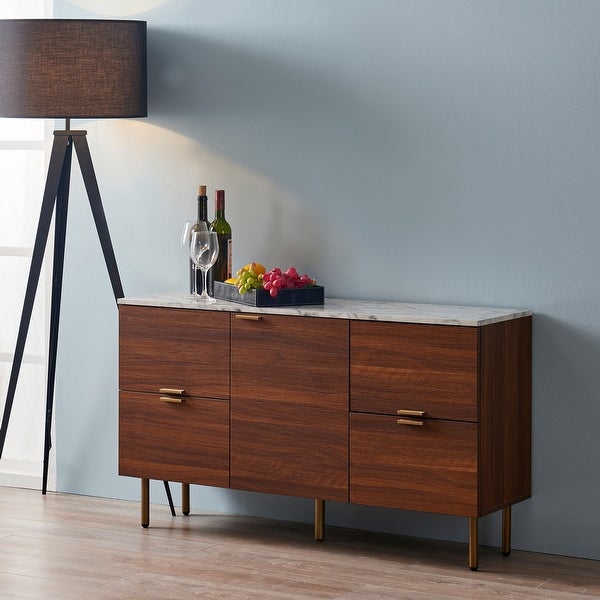 Wooden Sideboard Storage Cabinet with Faux Marble Top， White/Walnut