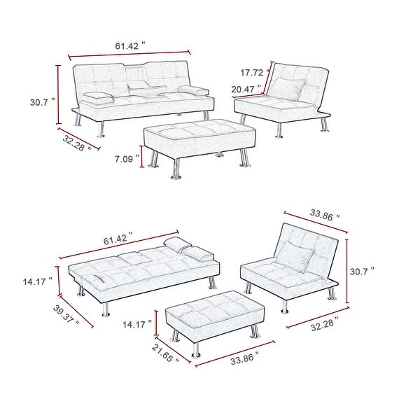 3 Pc Convertible Fabric Folding Sofa Bed with 2 Cup Holders and Removable Armrest and Single Sofabed with Ottoman